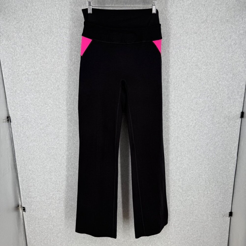 Spanx Womens SlimX Bagel Buster Double Waistband Flare Legging Size L Black Pink - Picture 1 of 13